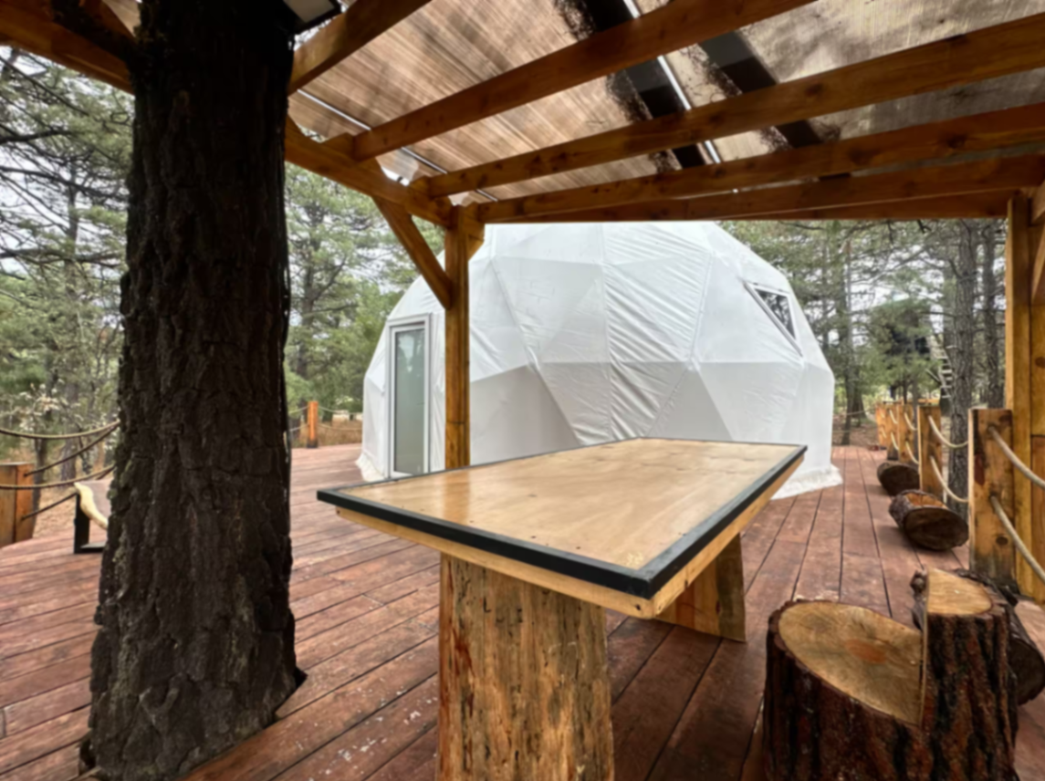Área social con terraza de madera
